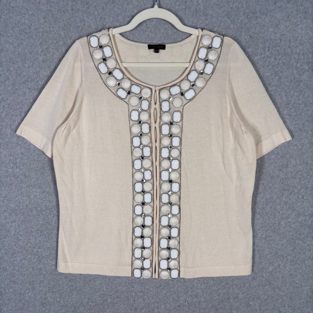 Escada Silk Cardigan Sweater‎ DE 42 US 12 Cream Cotton Embellished Beaded Slinky